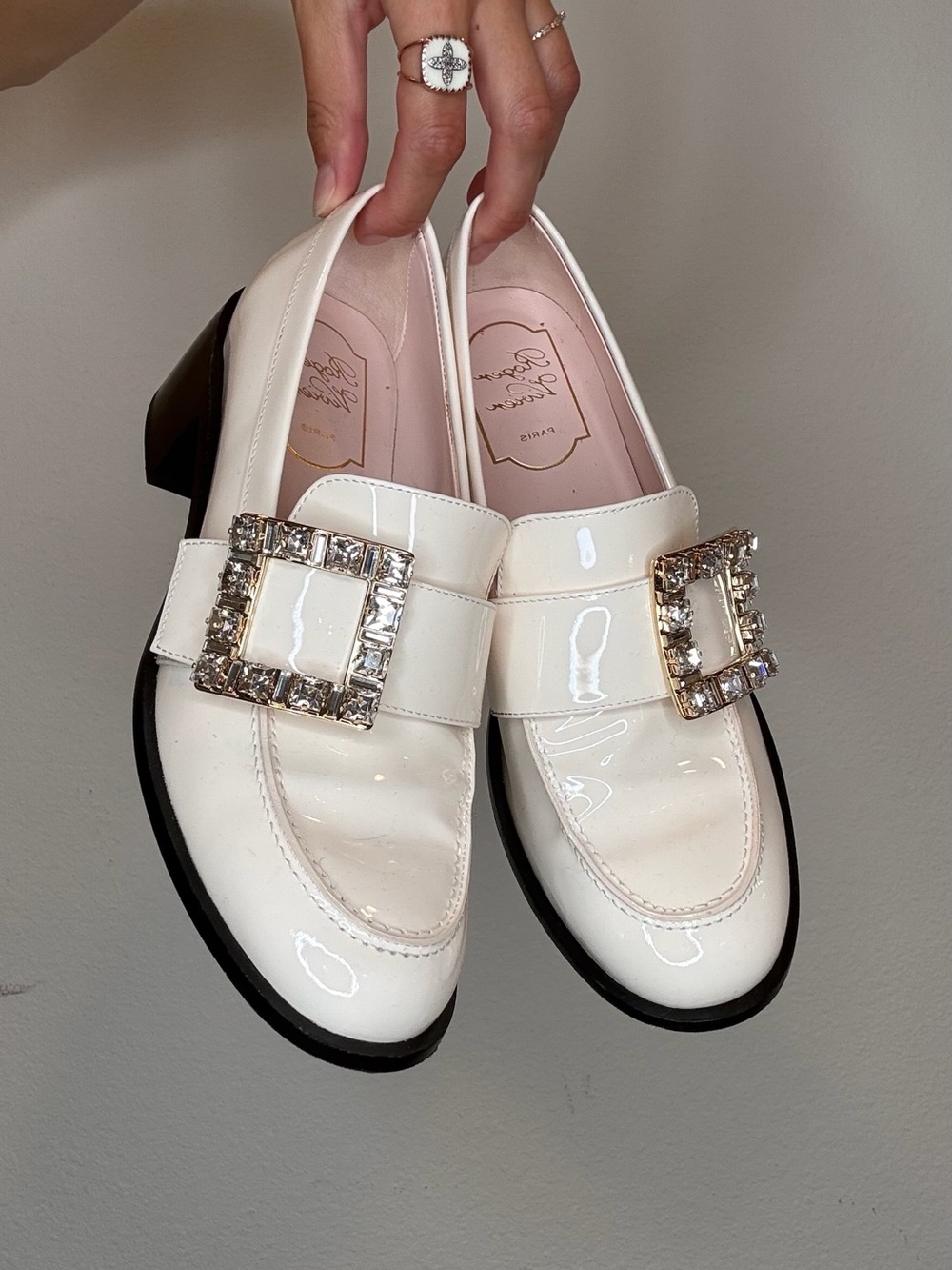 Roger Vivier Patent Leather Cream Loafers with Crystal Buckle